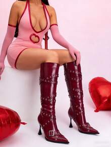 Sexy Women Knee High Boots Punk Buckle Kitten High Heels Boots Luxury Elegant Fashion Design Party Halloween Shoes - Màu Đỏ Sâu - Xem 4