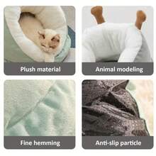 1 pieza Cama para mascotas semi-cerrada y cálida, nido para mascotas acolchado con forro de felpa polar y relleno de algodón PP, cama cueva cálida y acogedora con diseño de agujero de gato lindo para gatos/mascotas pequeñas en invierno - Verde - Ver 9
