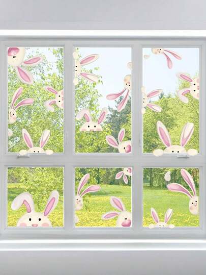 6 Sheets PVC Bunny Head Static Sticker For Easter | Funny Expression Window Decals, Suitable For Indoor And Outdoor, Reusable, Semi-Matte End