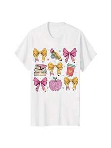 Teacher Cute  Bow Pattern Printed T-shirt-Casual round Neck Short Sleeves Top-Womens Clothing-Suitable for all Seasons - Bianco - Visualizzare 1