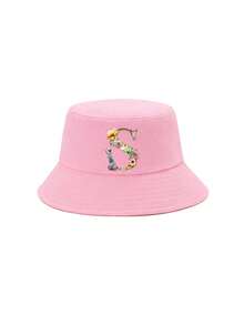 1顶女童粉色花卉字母图案渔夫帽，26个字母个性化时尚款，复古优雅轻便防晒，适合生日、节日、返校、四季休闲、户外、日常佩戴 - 粉色 - 查看 84