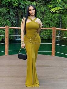 Women's Cross Halter Mermaid Dress | Fall Winter Solid Color Ruched High Waist Slim Maxi Dress - Green - View 2