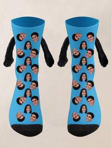 1 Pair Of Customized Face Children's Mid Tube Holding Hands Series Medium Socks, Put Any Face On The Socks, Personalized Socks With Photos, Interesting Customized Pictures With Medium Stockings, Suitable For Valentine's Day, Birthday, Gift Giving And Other Occasions, Personalized - Multicolor - View 3