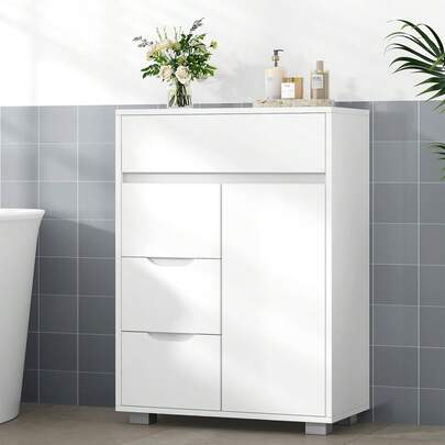 HEXCELEN Bathroom Cabinet With Adjustable Shelf, 4 Drawers And 1 Door, Modern, For Living Room Or Bathroom, 30 X 55 X 82 Cm, White