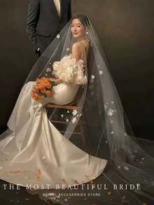 一件法式复古蕾丝荷叶边串珠新娘头纱，纯白色新娘头饰，饰以花卉刺绣薄纱，优雅简约的珍珠头饰，DIY薄纱婚纱配饰，高端浪漫公主风头饰，柔软长款教堂式新娘头纱，适合派对、摄影、正式晚宴、华尔兹、仙女装扮、教堂婚礼、短途旅行，浪漫清新。情人节、派对、婚礼的完美配饰。 - 彩色 - 查看 5