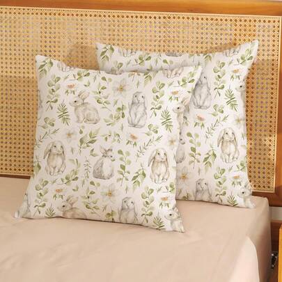 2件装春季复活节抱枕套，兔子花叶图案，室内外均可使用，春季节日装饰兔子抱枕套，乡村家居装饰亚麻抱枕套，适用于沙发，单面设计，不含枕芯