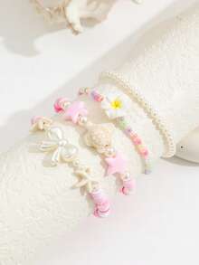 4pcs/Set Cute Bow Flower Turtle Starfish Bracelets Set Fashion Faux Pearl Beas Bracelets Jewelry Accessories - Multicolor - View 2