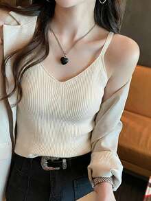 Women's Knitted Cami Top, V-Neck, Sexy Backless Design, Suitable For Summer Wear, Layering Under Blazers - Apricot - View 2