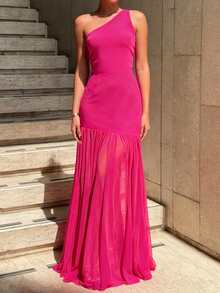 Fuchsia Patchwork Sheer Mesh Panel Dress, Women's Summer Solid Color Elegant Party Dress, Minimalist Flowy Hem Sexy Vacation/Graduation/Birthday/Dance Party Cute Outfit - Hot Pink - View 6