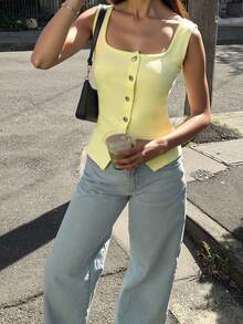 SEREN Summer New Cream Yellow Sleeveless Knit Cardigan, Women's Slim Fit Button Up Casual Street Style Lightweight Vest - Yellow - View 3