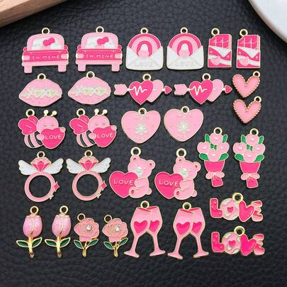 30pcs Fashionable Enamel Lovely Heart-Shaped Valentine's Day Series Charming Rose Gold Plated Pendant For DIY Women Bracelet Necklace Earring Jewelry Making Accessories
