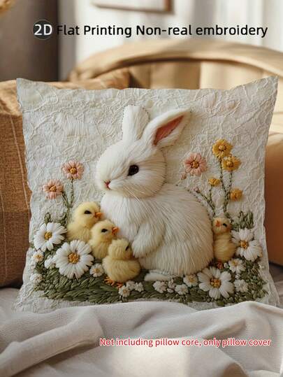 2d Flat Printing Non-Real Embroidery, Easter Bunny Pillowcase- Soft Polyester Material, Non-Real Embroidery, Zippered, Machine Washable- Charming White Bunny And Chick Pattern With Floral Decoration- Perfect For Sofa Or Bedroom Decoration,Easter Gift