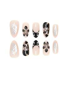 10pcs Y2K Black 3D Floral Silver Bead Black Halo Full Cover Almond Shaped False Nail Tips, Suitable For Women & Girls Party, Office, Daily Wear, Includes 1 Nail Sticker Sheet & 1 Mini Nail File, Random Jelly Gel - Multicolor - View 2