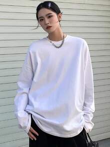 女式纯白色百搭长袖宽松休闲分层罗纹中性T恤上衣 - 白色 - 查看 1