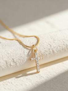 1 pieza Collar con colgante de cruz de circonita cúbica mini con cadena ajustable en tono dorado, joyería de acero de titanio, regalo para el Día de San Valentín, Día de la Madre - Cruz - Ver 6