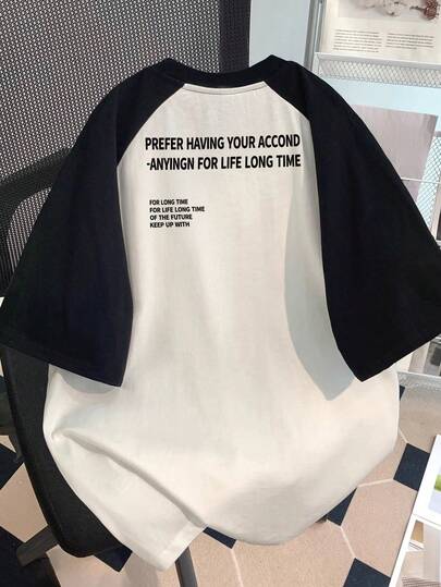 Spring/Summer Casual Black & White Contrast Color Block English Letter Print Raglan Sleeve Loose Comfortable Daily Street Wear Women T-Shirt