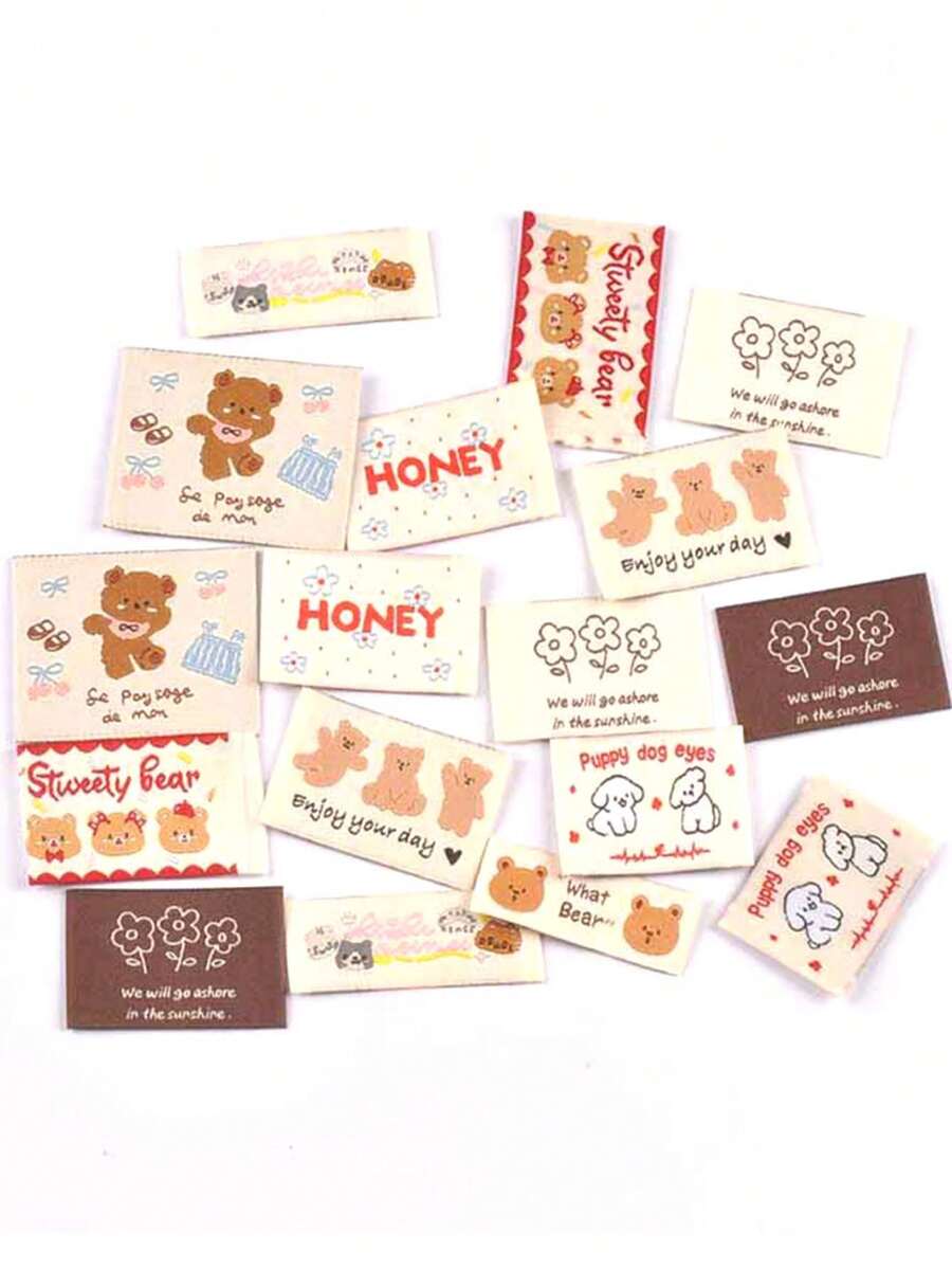 20pcs 18-53mm Random Mixed Pattern Bear/Cat/Dog/Flower/HONEY Labels For DIY Personalized Clothing/Hat/Backpack/Headwear/Doll Decoration Sewing Accessories - Multicolor - View 1