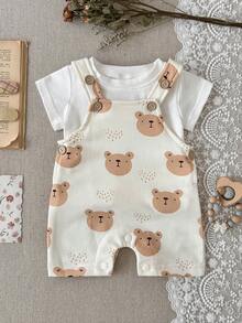 2pcs/Set Newborn Baby Boys Girls Casual Cute Bear Print Romper And T-Shirt Set, Spring/Summer - White - View 7