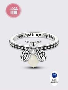 1枚原创设计银色夜光萤火虫戒指，夜光星空设计，精致镀银戒指，女士款，独特的萤火虫造型夜光饰品，镶嵌精美立方氧化锆，浪漫发光戒指，适合日常佩戴、派对、约会、周年纪念等场合。 - 銀色 - 查看 11