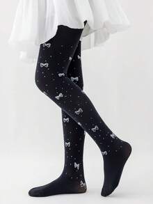 2 PCS Of Girls' Bowknot Leggings, Thin Summer Style, Baby Girls' Outerwear, One-Piece Printed Star Pattern Tights, Girls' Footed Pants With Heart Design - Multicolor - View 7