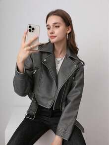 Women's Retro Short Leather Jacket, Spring Easter Style - Grey - View 10