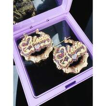 Customized Rainbow Acrylic Name Circle Bamboo Shape Earrings, Personalized 40mm Bamboo Hoop Earrings Name Plate For Women, Gift - Mirror Golden Yellow/bright Pastel-round Bamboo 40mm-heart - View 7