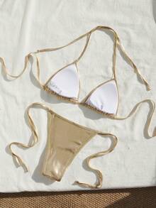 两件套女士性感吊带高弹力比基尼套装，侧系带下装，适合休闲沙滩装和夏季度假穿着 - 香檳色 - 查看 2