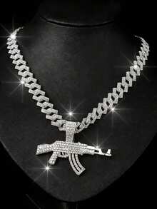 Fully Iced-Out Cuban Link AK-47 Rifle Pendant Necklace, Bling Chunky Chain Necklace For Men, Hip Hop Street Style - Gun Pendant Necklace - View 13