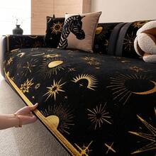 1 件金色彗星雪尼尔沙发靠垫套，太阳、月亮、星星提花图案，适合斋月及所有季节，防刮擦，防尘，适用于客厅、卧室、办公室的 1/2/3/4/5 座沙发和组合沙发。 - 黑色 - 查看 3