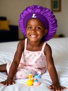 1 Pc A-Z Letter Hats Kids' Bonnet Hat Set Elastic Comfortable Headwear Sleeping Cap And Hairband Girls 3-8 Years Old - Purple - View 3