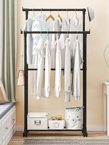 1pc Single/Double Rod Freestanding Coat Rack, Simple Movable Floor Clothes Hanger Rack For Home Bedroom, Rental House Balcony - Black and White - View 2