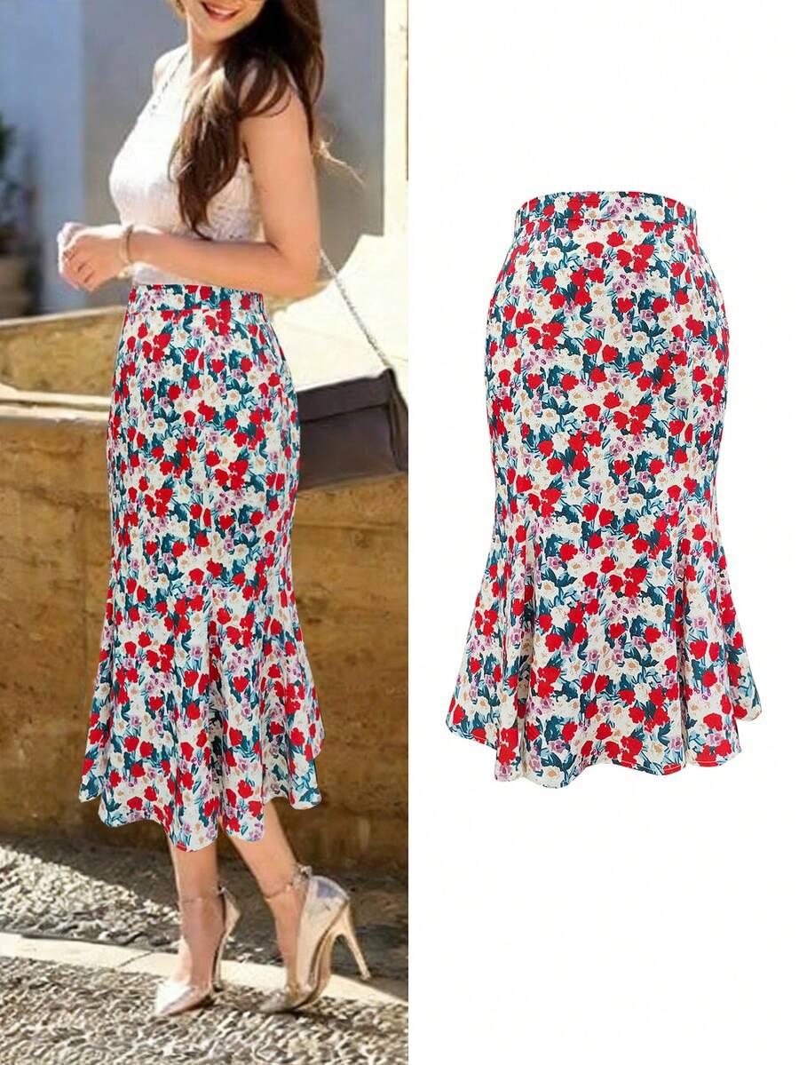 Plus Size Elegant Ditsy Floral Ruffle Hem A-Line High Waist Mini Skirt, Polyester, Suitable For Spring And Summer Vacation - Red - View 1