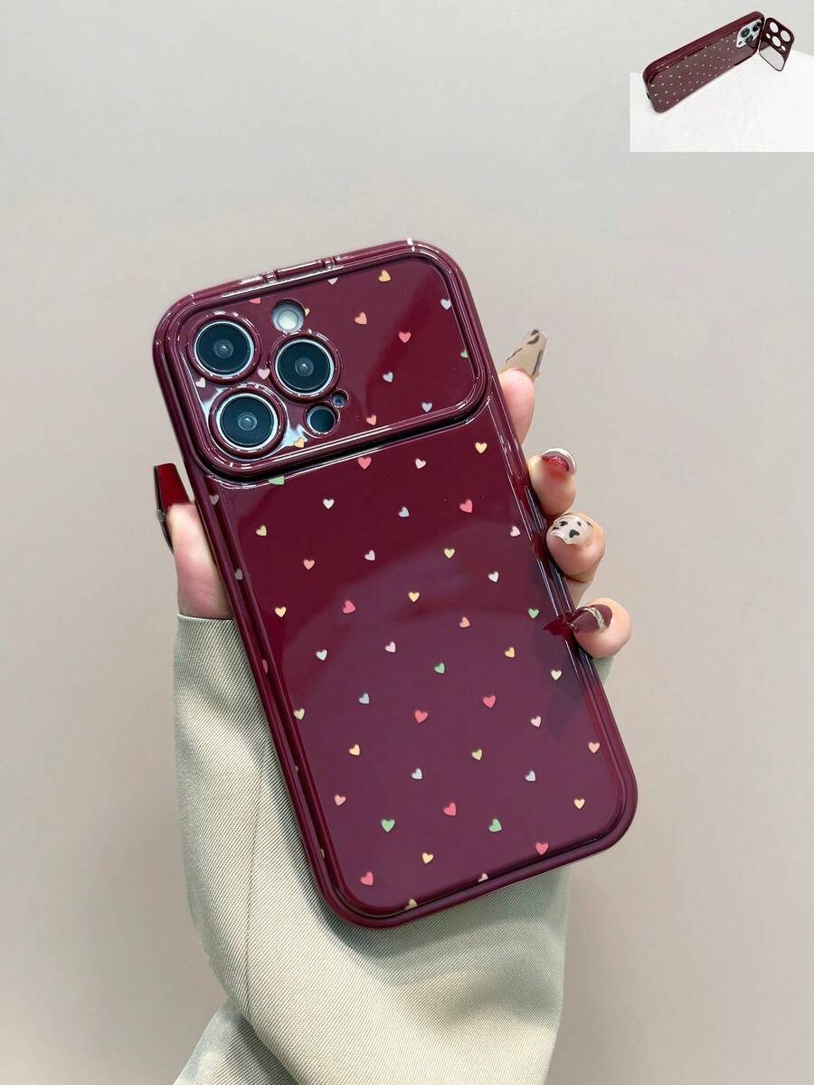1pc Wine Red Heart TPU Phone Case With Mirror Stand Compatible With IPhone 11, 12, 13, 14, 12 Pro Max, 13 Pro Max, 14 Pro Max, 15, 15 Pro, 15 Pro Max, 16, 16 Pro, 16 Pro Max, 17, 17 Pro, 17 Pro Max - Burgundy - View 1