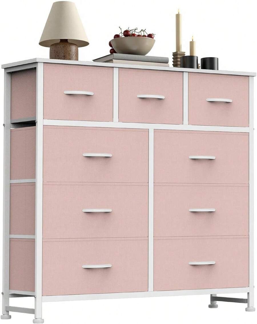 Sweetcrispy 9-Drawer Dresser, Fabric Storage Tower For Bedroom, Hallway, Entryway, Closet, Tall Chest Organizer Unit With Fabric Bins, Steel Frame, Wood Top, Easy Pull Handle - 粉色 - 查看 1
