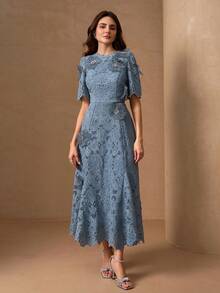 Women's Elegant Floral Applique Back Zipper Flared Dress Summer - Dusty Blue - View 3