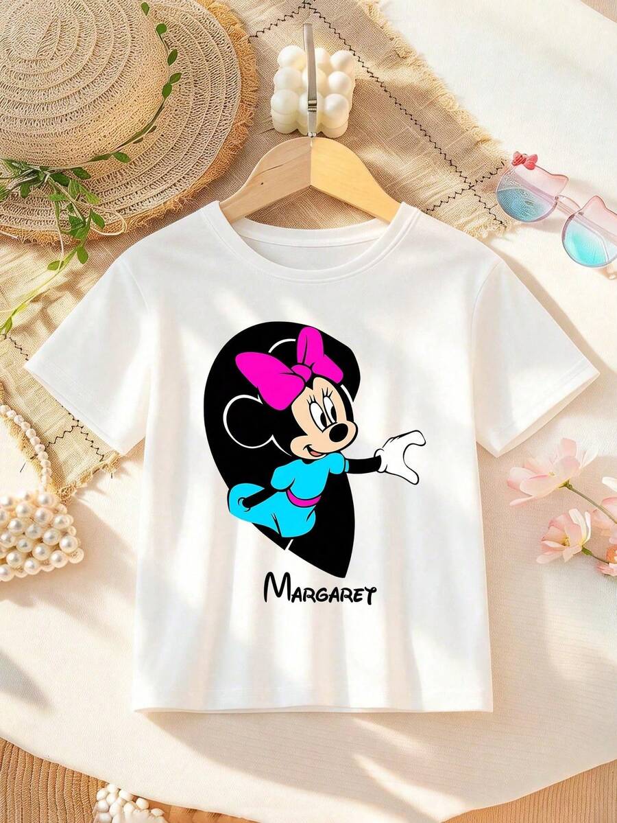 Disney Valentine's Day Elements Minnie Mouse Heart Print Pattern Girls' T-Shirt - Children's Clothing Design Short-Sleeve Casual Cute Style Comfortable And Relaxed Suitable For Boys And Girls, Perfect For Parties And Play Machine Washable Gift Children's Clothing Girls' Short-Sleeve Shirt - trắng - Xem 1