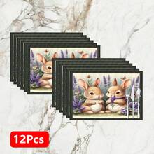 1pc/4pcs/6pcs/8pcs Vintage Rabbit Art Print Linen Placemats, Easter Gift, Easter Decor, Suitable For Dining Table, All Season Decoration, Modern Washable Tabletop Mat, Room Decor, Coasters, Kitchen Dining Placemats, Indoor Outdoor Party Decoration, Home Decor, Ideal Gift - Multicolor - View 16