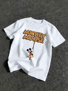 Disney Graphic Tee.Mickey Mouse Rope-Pulling Graphic Print T-Shirt. Versatile OOTD Style, Perfect For Both Home And Outings. An Ideal Gift For Fans. - White - View 2