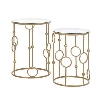 Set Of 2 Coffee Tables/Side Tables With Glass Tops, Tire And Balloon Design, Ø 41 X 57 Cm, Gold