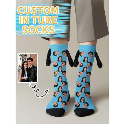 1 par de calcetines personalizables de media pantorrilla para niños con la serie "de la mano", se puede imprimir cualquier rostro en los calcetines, calcetines con foto personalizada, calcetines de media pantorrilla con patrón personalizado interesante, adecuados para el Día de San Valentín, cumpleaños, regalos y otras ocasiones, personalización personalizada