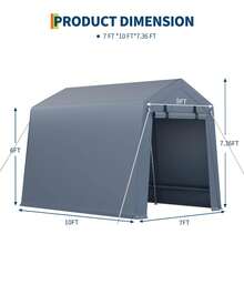 Cobertizo de almacenamiento para exteriores de 7 pies x 10 pies, refugio portátil resistente con puerta enrollable con cremallera, garaje impermeable para motocicleta, bicicleta, automóvil - Gris - Ver 3