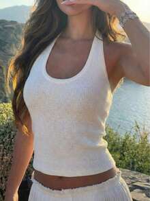 New Spaghetti Strap Camisole Top, Sexy Breathable Slim Fit Thin Knit Vest, Spring/Summer - Apricot - View 2