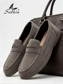 Salkin Classic Designer Men's Moccasin Shoes, Solid Suede Slip-On Penny Loafers, Men's Soft Leather Shoes, Gentleman Business Social Shoes, Men's Daily Office Party Wedding Formal Shoes, Couple Date, Romantic Dinner, Holiday Gift, Back To School Student Casual Shoes, College Style. Please Select One Size Up. - Grey - View 5