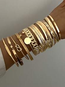 15pcs Fashionable, Minimalist, Elegant, Delicate, Retro Design Sense Geometric Strap, Asymmetrical Embossed Texture, Interlocking Chain, Twisted Braid, Round Bead, Multi-Layer Round Disc, Smooth, Minimalist, Exaggerated Wide Metal Bangle Bracelet Set, Suitable For Holiday, Party, Date, Gift, Daily Wear - Yellow Gold - View 1