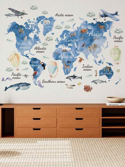 2 pièces/set Autocollants muraux avec carte de l'océan bleu et mots anglais sur les animaux marins et les avions, décoration murale amovible pour chambre, salon, chambre d'enfant
