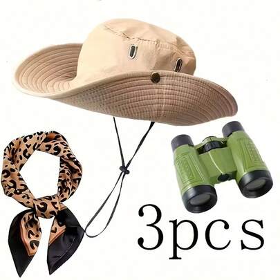 1 pieza/3 piezas Conjunto de accesorios de disfraz de estampado animal de safari para mujer, incluye sombrero balde, bufanda con estampado de leopardo, binoculares, adecuado para Pascua, cumpleaños, juego de roles, fiesta, festival, carnaval y talla grande ocasiones