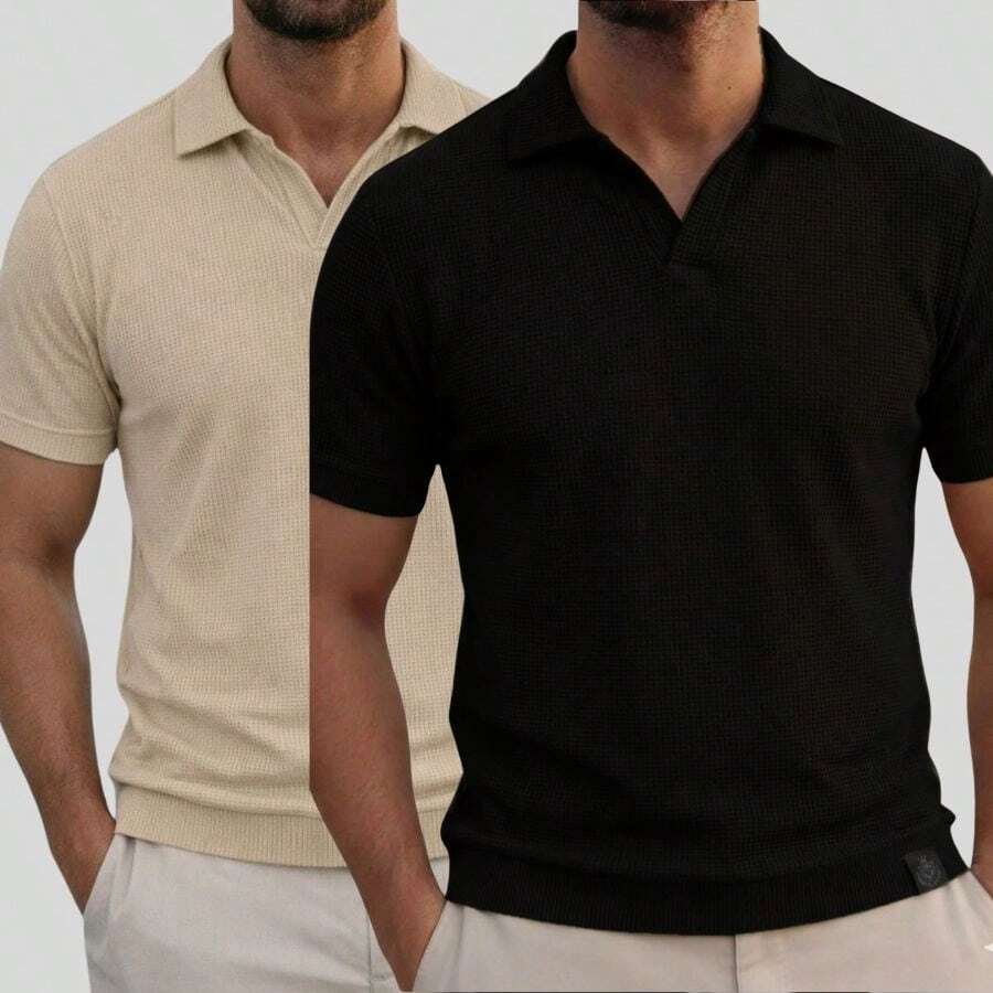 Kit Of 2 Italian Textured Polo Shirts Without Buttons, Slim Sleeves. - Beige and Black - View 1