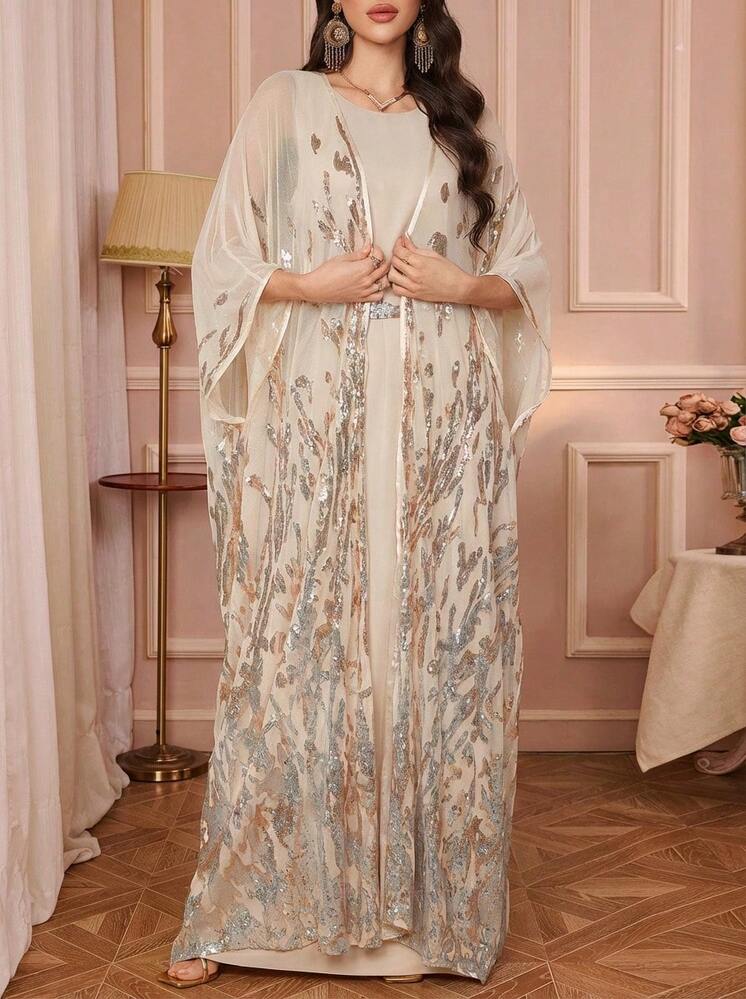 Solessence Plus Size Women Sequin Batwing Sleeve Loose Arabic Abaya Dress And Sleeveless Dress, Elegant Formal Wear - Champagne - View 1