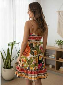 Short, Flowy Tropical Dress For The Beach, Carnival, And Travel, With Adjustable Straps. - Cream Toucan - View 3