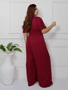 Women's Plus Size Plain Long Jumpsuit, Wide Leg, Short Sleeve, V-Neck, Ruched Front, Comfortable - 紅木色 - 查看 8